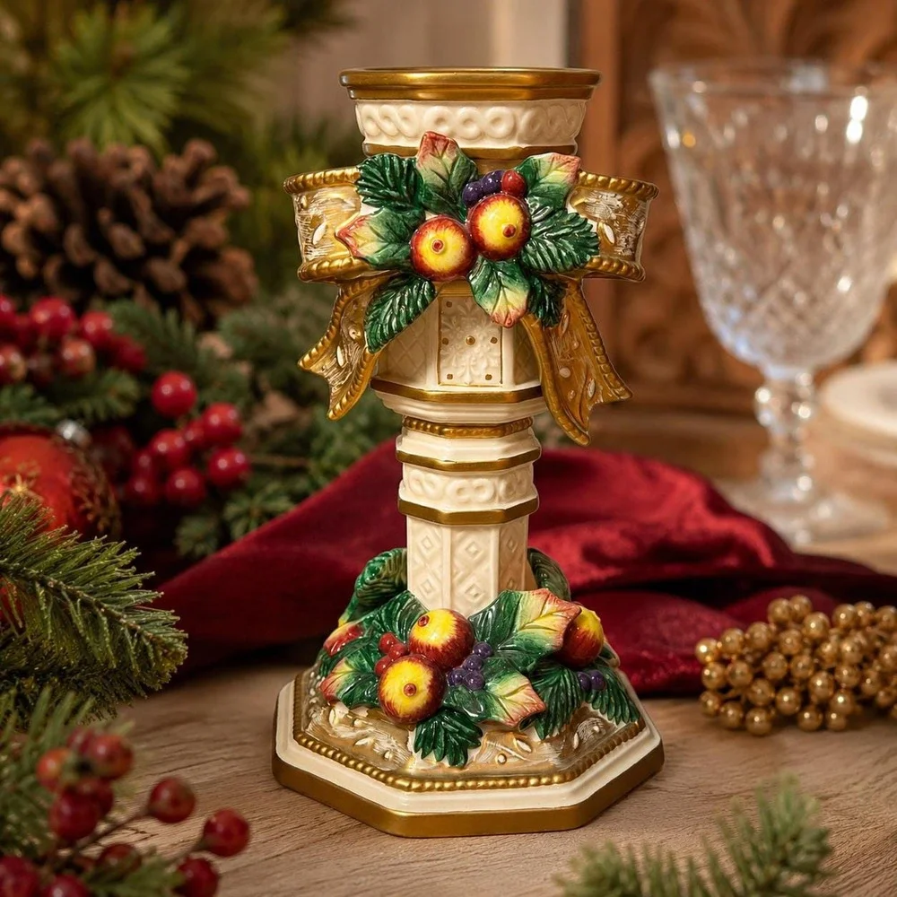 Vintage Fitz & Floyd Classics Christmas Taper Candle Holder Holly Fruit Gold 10